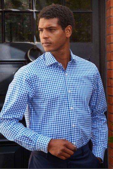 Savile Row Company Blue Gingham Check Single Cuff Formal Shirt