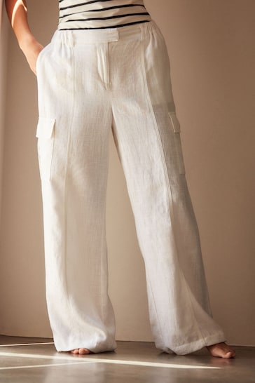 White Linen Blend Cargo Wide Leg Trousers