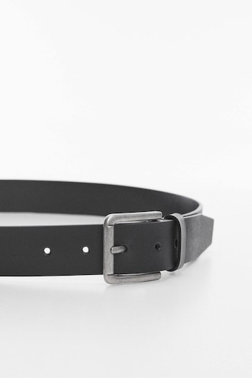 Mango Black Leather Belt With Square Buckle