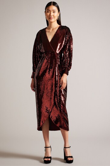 Ted Baker Red Emaleee Plunge Neck Sequin Midi Dress