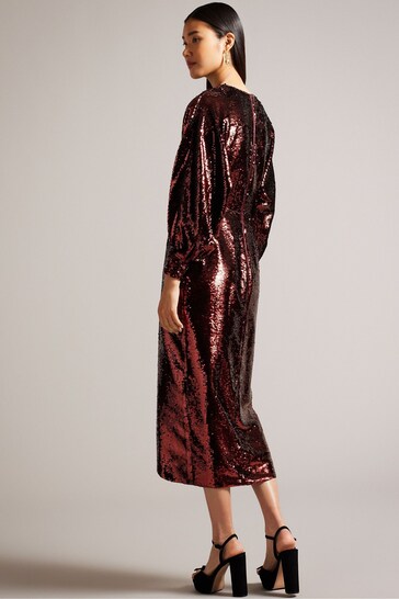 Ted Baker Red Emaleee Plunge Neck Sequin Midi Dress