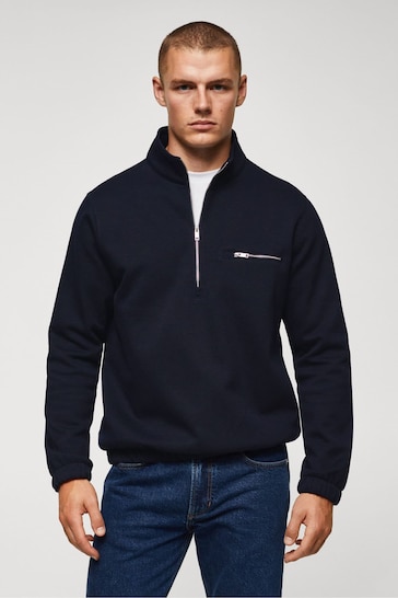 Mango Navy Blue Long Sleeved Cotton Sweatshirt With Zip Neck