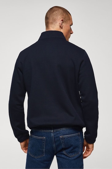 Mango Navy Blue Long Sleeved Cotton Sweatshirt With Zip Neck