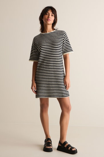 Black/White Mono Stripe Crochet Boxy T-Shirt Dress