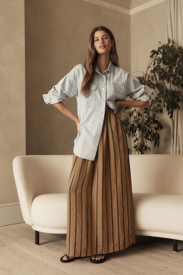 Brown Premium Ramie Blend Stripe Midi Skirt