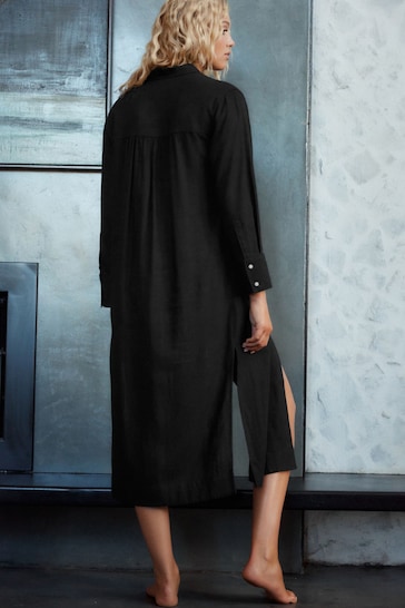 Black Midi Shirt Dress With Linen