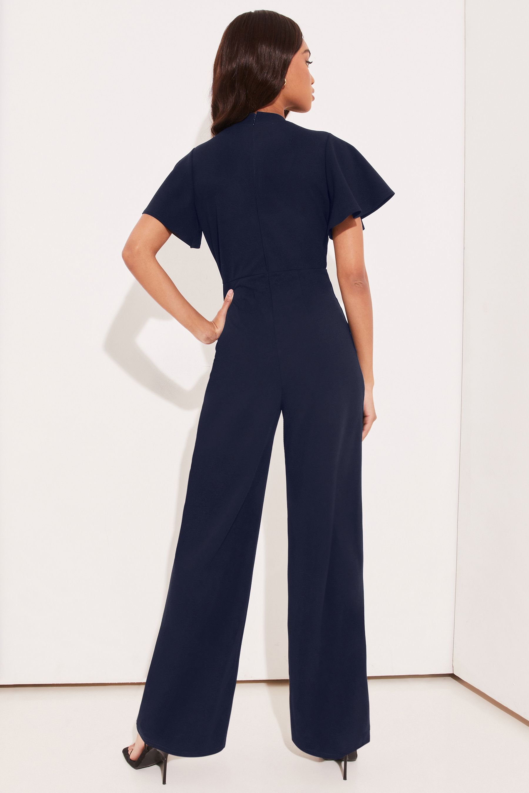 Buy Lipsy Navy Blue Flutter Sleeve V Neck Tie Front Wide Leg