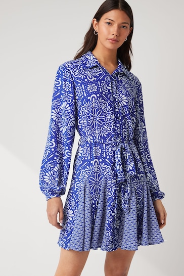 Blue/White Tile Print Mini Belted Shirt Dress
