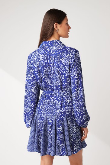 Blue/White Tile Print Mini Belted Shirt Dress