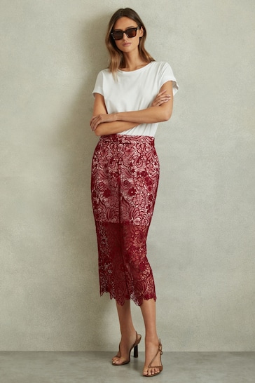 Reiss Burgundy Flo Sheer Lace Midi Pencil Skirt