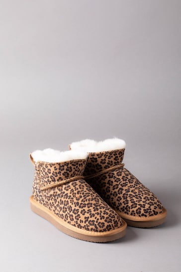 Lakeland Leather Ladies Sheepskin Mini Boots Brown Slippers