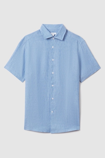 Reiss Sky Blue Holiday Slim Fit Linen Button-Through Shirt