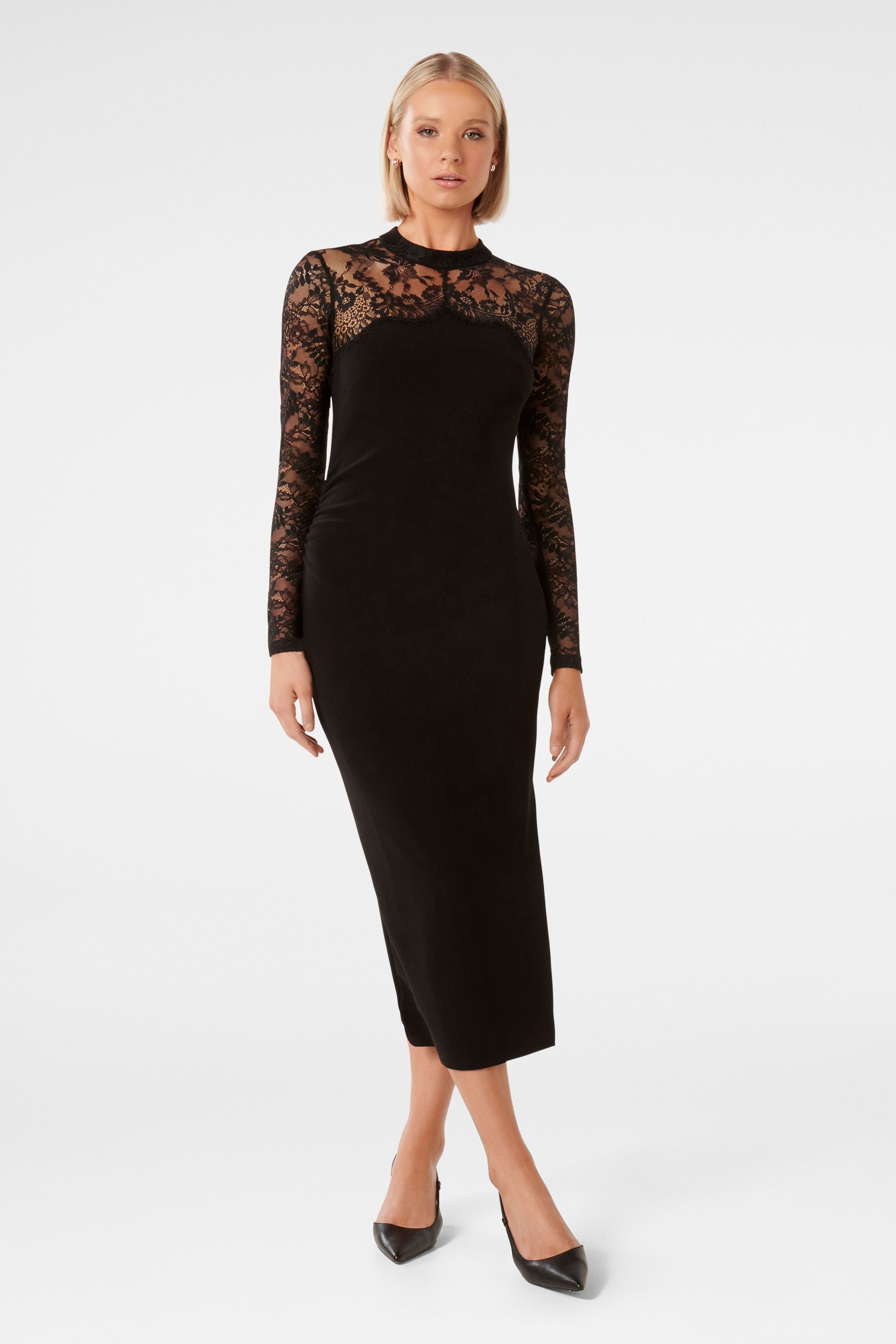 High neck long sleeve lace dress best sale