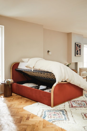 Soft Velvet Rust Brown Chester Wood Upholstered Ottoman Storage Bed Frame