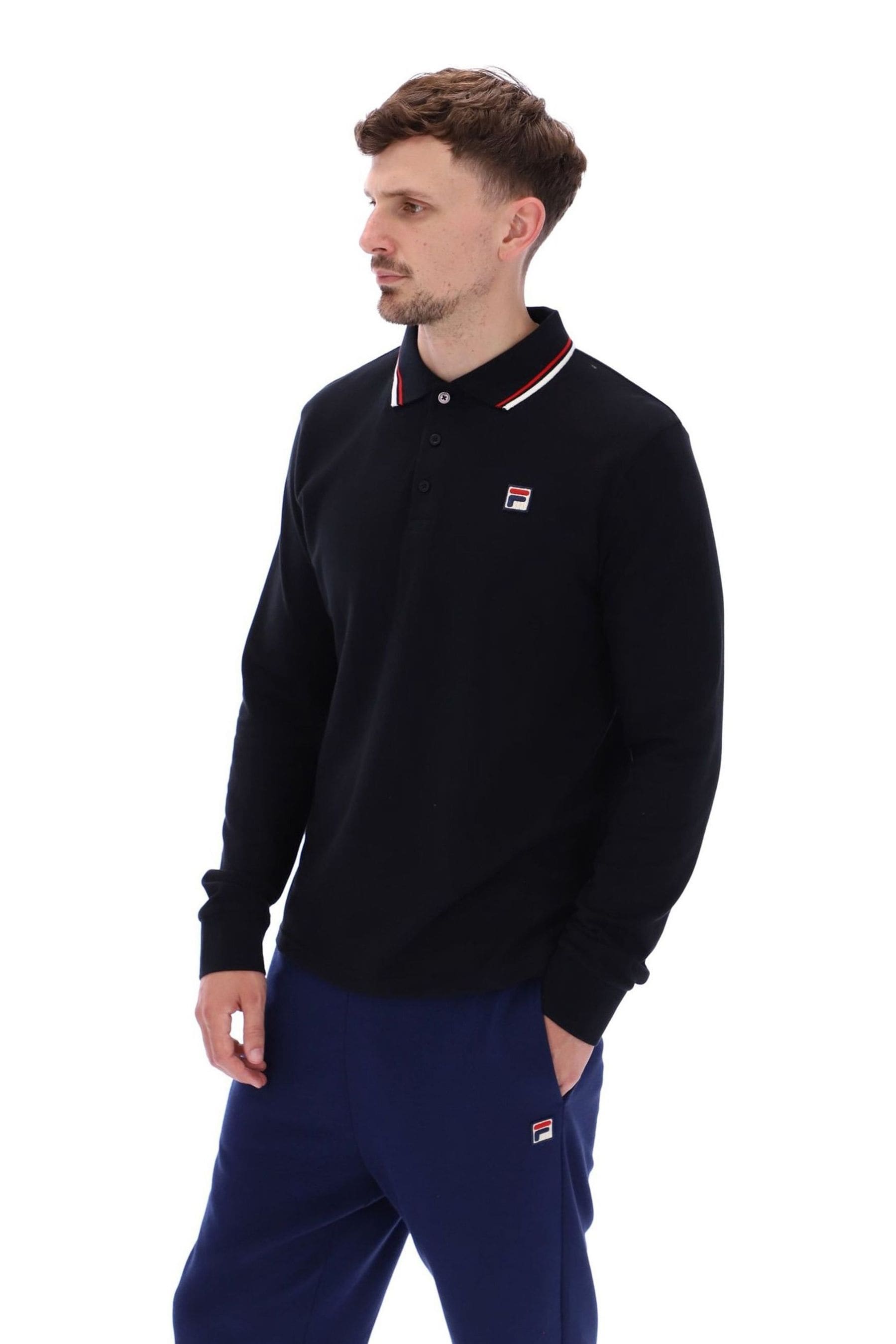 Buy Fila Black Monte Tipped Collar Long Sleeve Polo Shirt from the