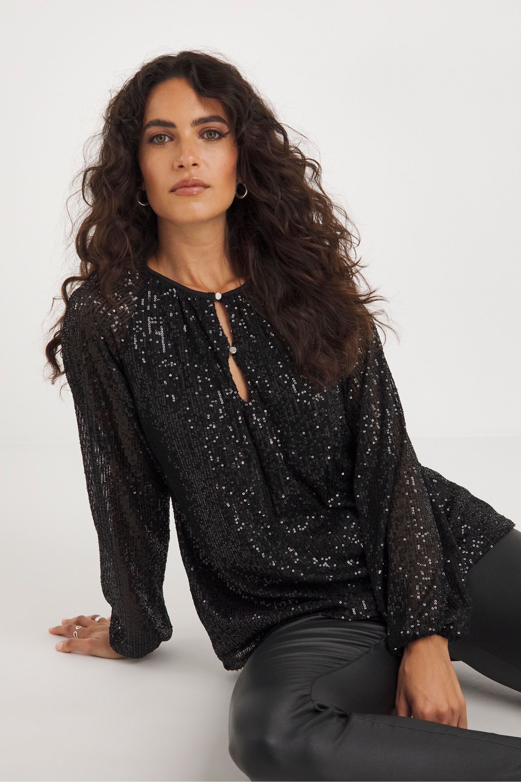 Buy JD Williams Black Volume Sleeve Sequin Top from the Next UK