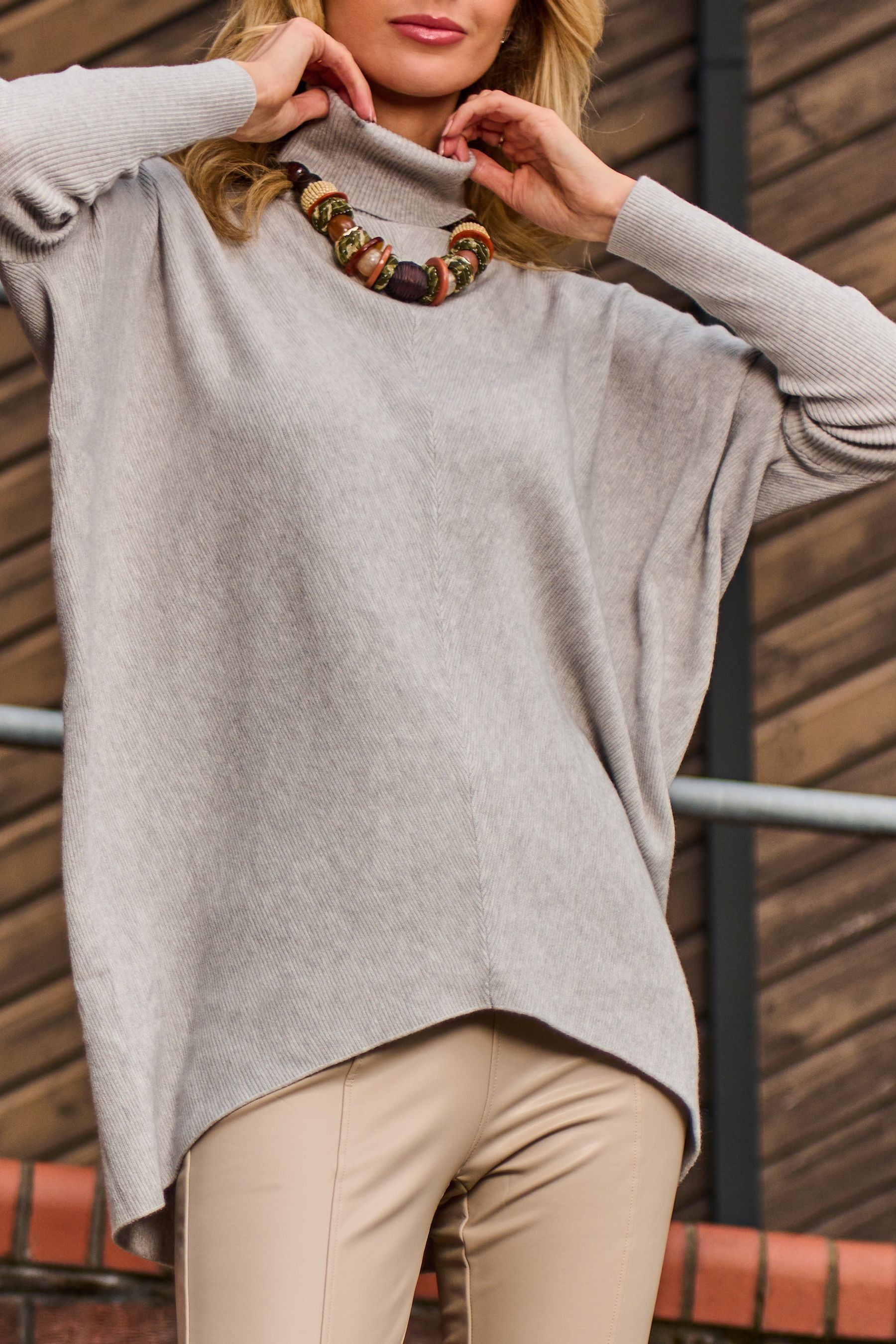 Buy Jolie Moi Grey Turtleneck Batwing Fine Knit Jumper from the