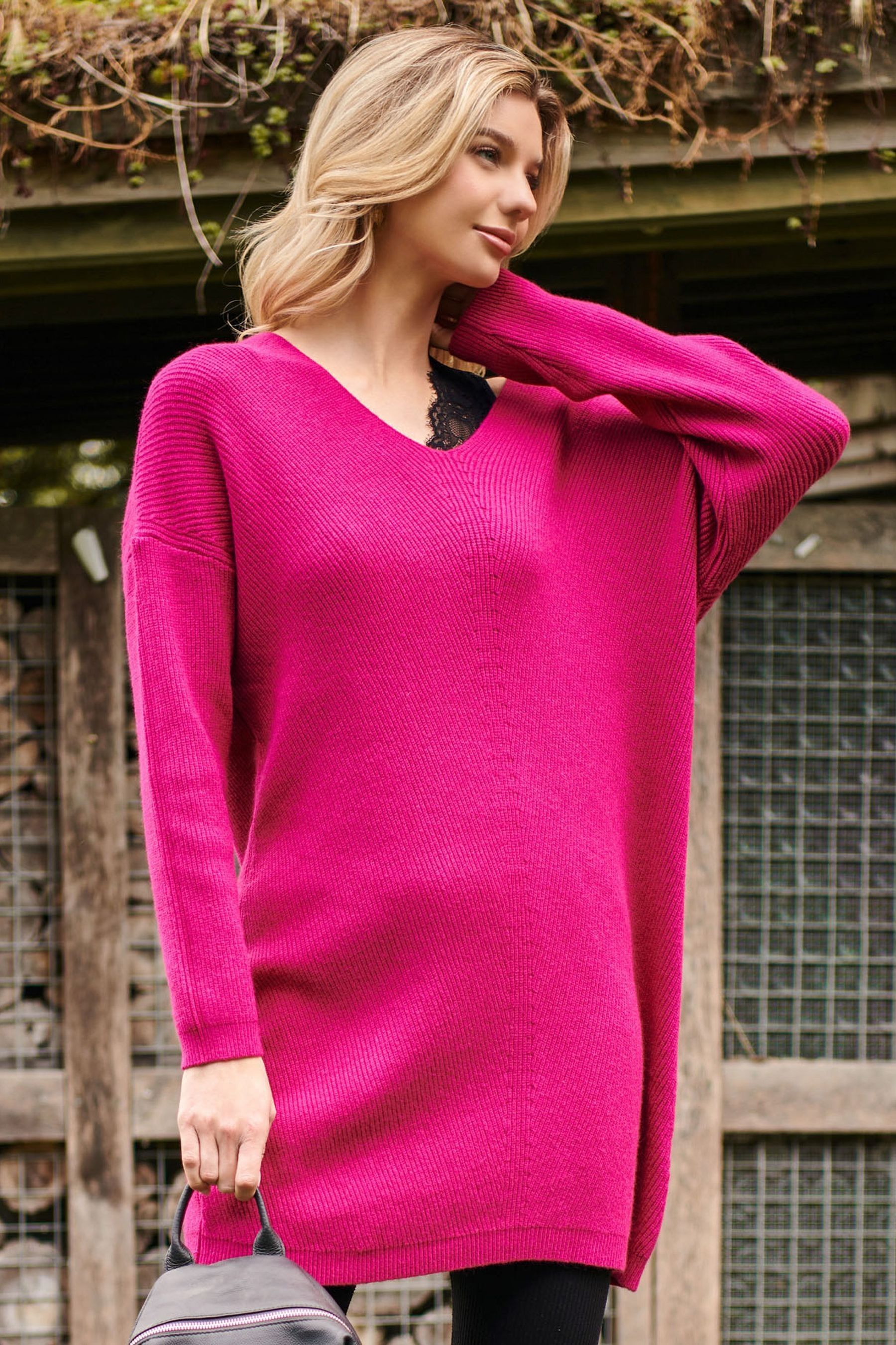 Jolie Moi Pink V Neck Ribbed Knit Tunic Jumper