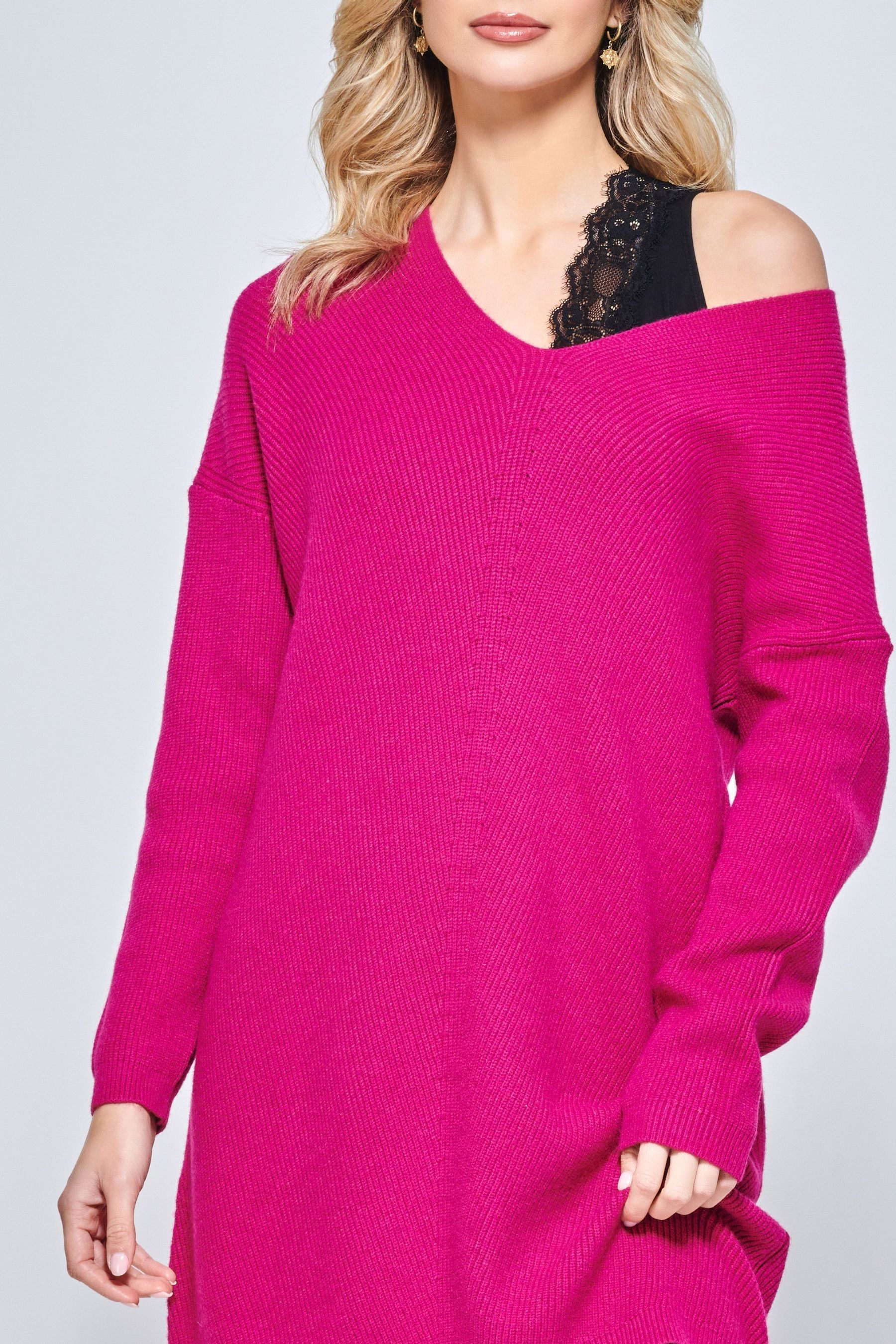 Jolie Moi Pink V Neck Ribbed Knit Tunic Jumper