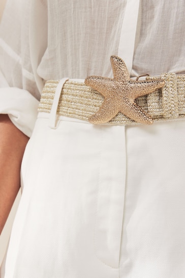 Natural With Starfish Gold Buckle Raffia Wide Belt