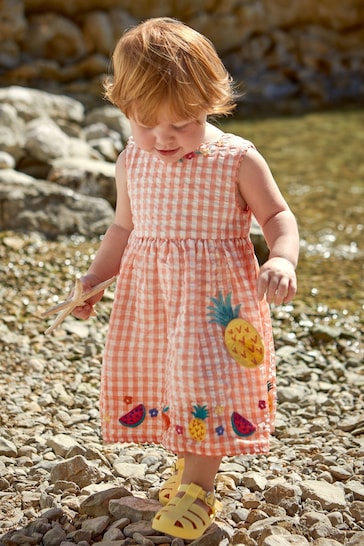 JoJo Maman Bébé Orange Pineapple Appliqué Gingham Summer Dress