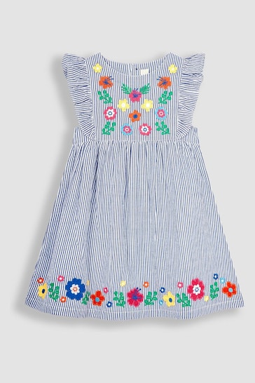 JoJo Maman Bébé Navy White Stripe Floral Appliqué Pretty Summer Dress