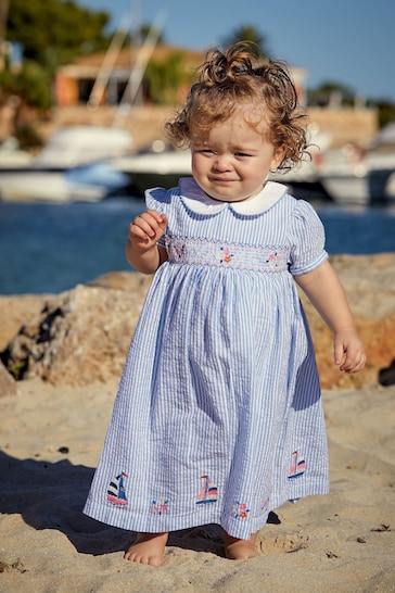 JoJo Maman Bébé Blue Sailboat Embroidered Smocked Dress