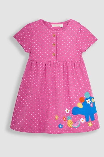 JoJo Maman Bébé Fuchsia Pink Dinosaur Spot Appliqué Button Front Jersey Dress