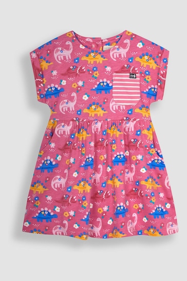 JoJo Maman Bébé Pink Floral Dinosaur Drop Shoulder Jersey Dress