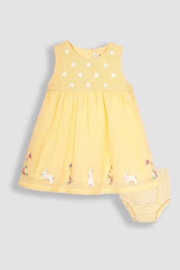 JoJo Maman Bébé Yellow Bunny Floral Embroidered Smocked Baby Dress