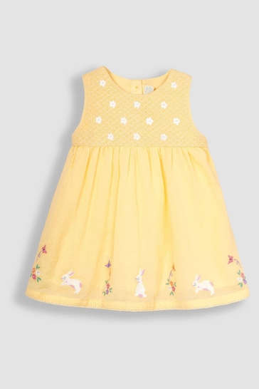 JoJo Maman Bébé Yellow Bunny Floral Embroidered Smocked Baby Dress