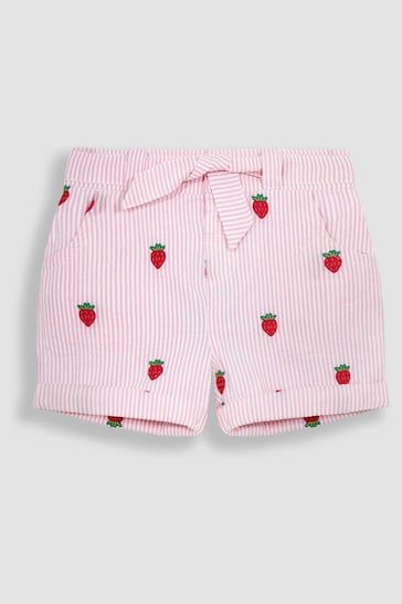 JoJo Maman Bébé Pink Strawberry Embroidered Seersucker Pretty Shorts