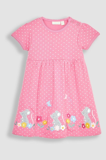 JoJo Maman Bébé Pink Mouse Spot Appliqué Hem Jersey Dress