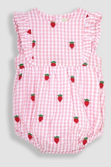 JoJo Maman Bébé Pink 2-Piece Strawberry Embroidered Bubble Romper & Hat Set