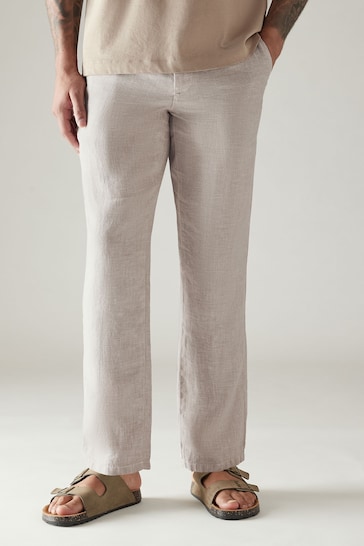 Light Grey 100% Linen Drawstring Trousers