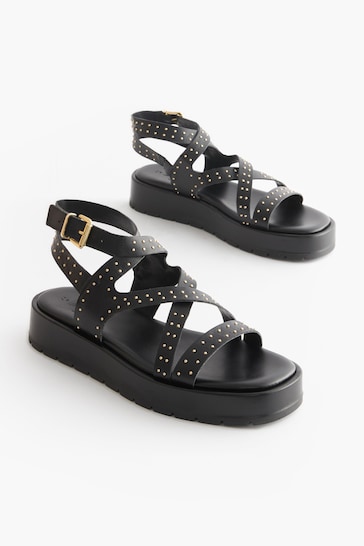 Black Studded Forever Comfort® Leather Strappy Flatform Sandals
