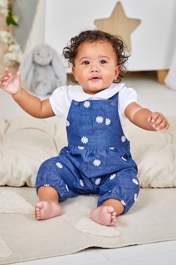 JoJo Maman Bébé Chambray Blue Daisy Embroidered Dungarees