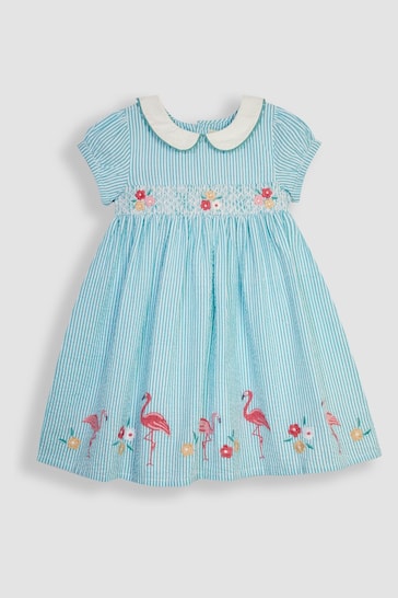 JoJo Maman Bébé Duck Egg Blue Flamingo Embroidered Smocked Dress