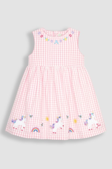 JoJo Maman Bébé Pink Unicorn Appliqué Gingham Summer Dress