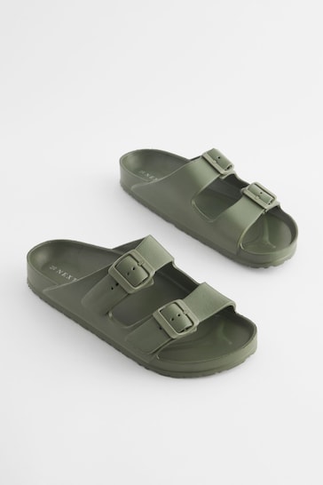 Khaki Green EVA Double Strap Flat Slider Sandals With Adjustable Buckles