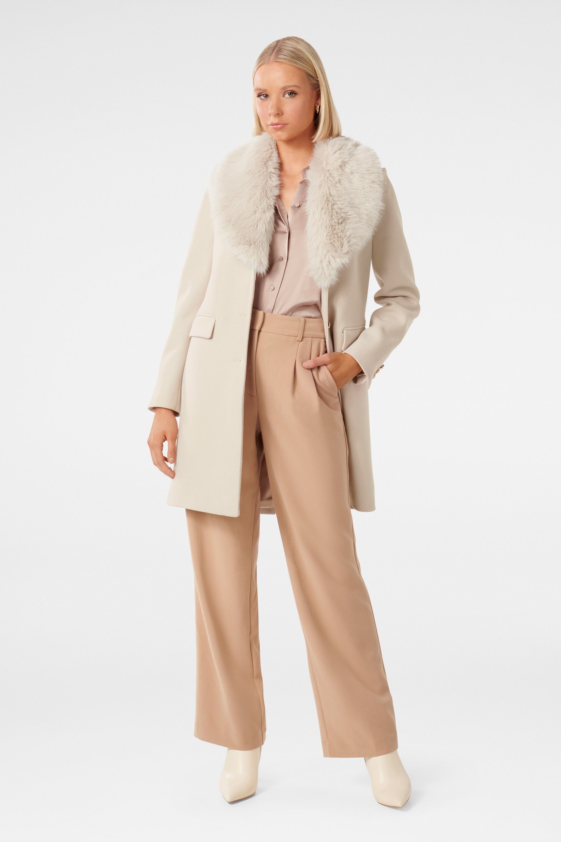 Buy Forever New Cream Lucinda Short Faux Fur Collar Coat from the