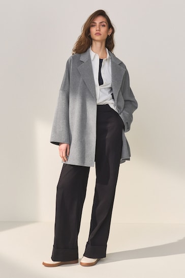 Grey Handsewn Wool Blend Belted Coat