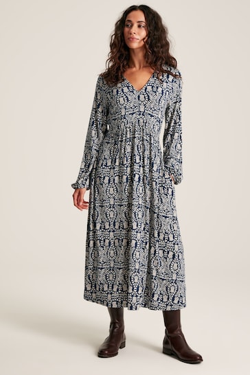 Joules Nia Navy Printed Long Sleeve Midaxi Dress With Pockets