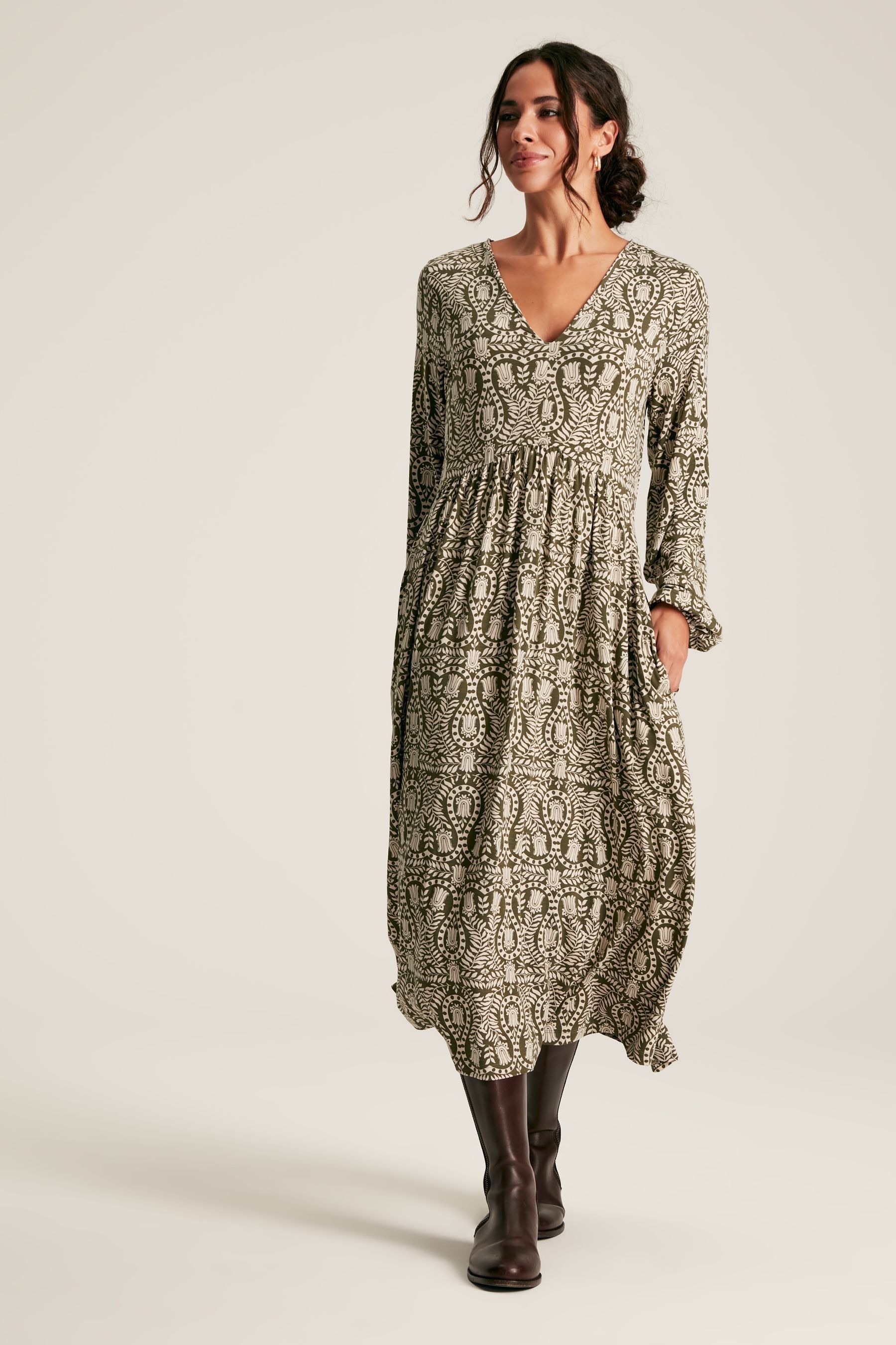 Buy Joules Nia Green Printed Long Sleeve Midaxi Dress With Pockets