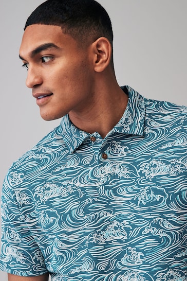 Blue Wave Textured Print Polo Shirt