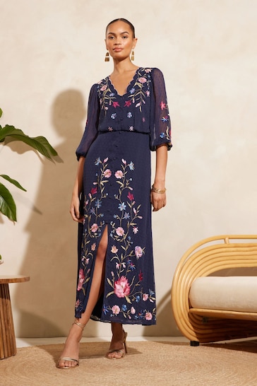 V&A | Love & Roses Navy Blue Petite Embroidered Scallop Neck Dobby Midi Dress d