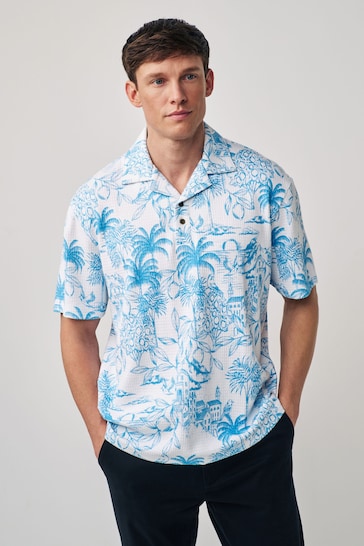 White/Blue Textured Print Polo Shirt