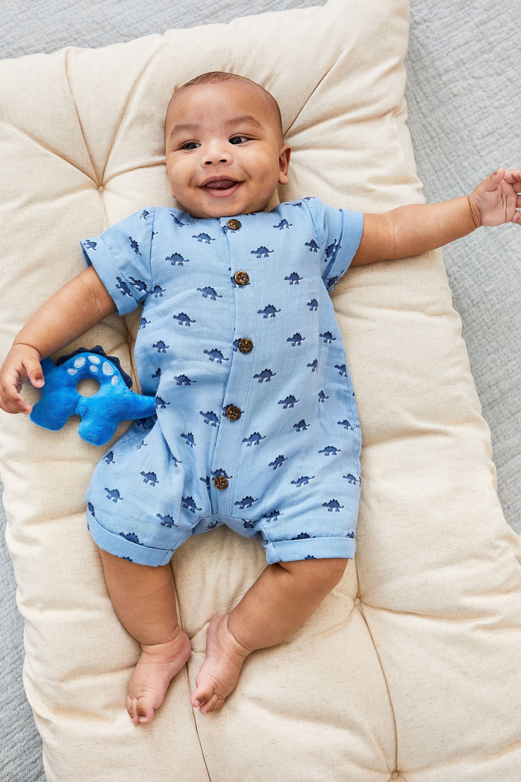 JoJo Maman Bebe Denim Dinosaur Cheesecloth Button Front Romper