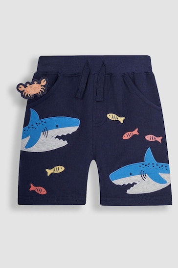 JoJo Maman Bébé Navy Blue Shark Appliqué Pet in Pocket Shorts