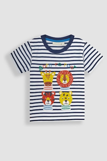 JoJo Maman Bébé White Navy Stripe Safari Animal Appliqué Motif T-Shirt